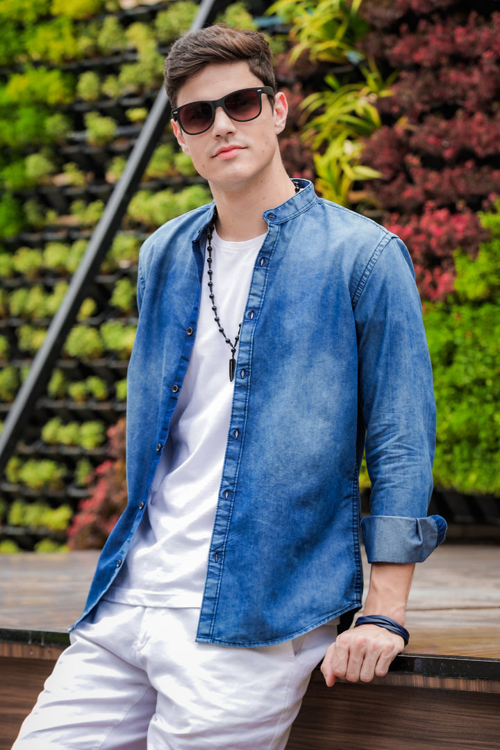 Stone Blue Chinese Collar Denim Shirt Denim Shirts Bushirt   