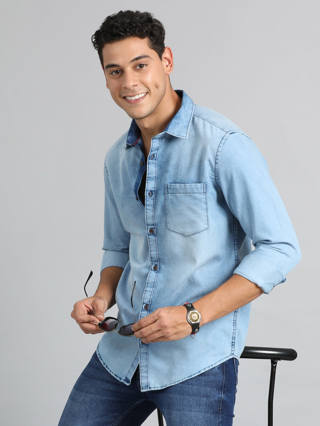 Slate Blue Denim Shirt Solid Shirt Bushirt   