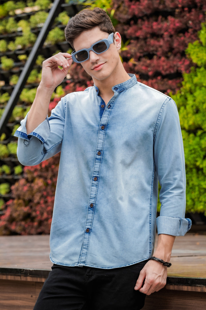 Ice Blue Chinese Collar Denim Shirt Solid Shirt Bushirt   