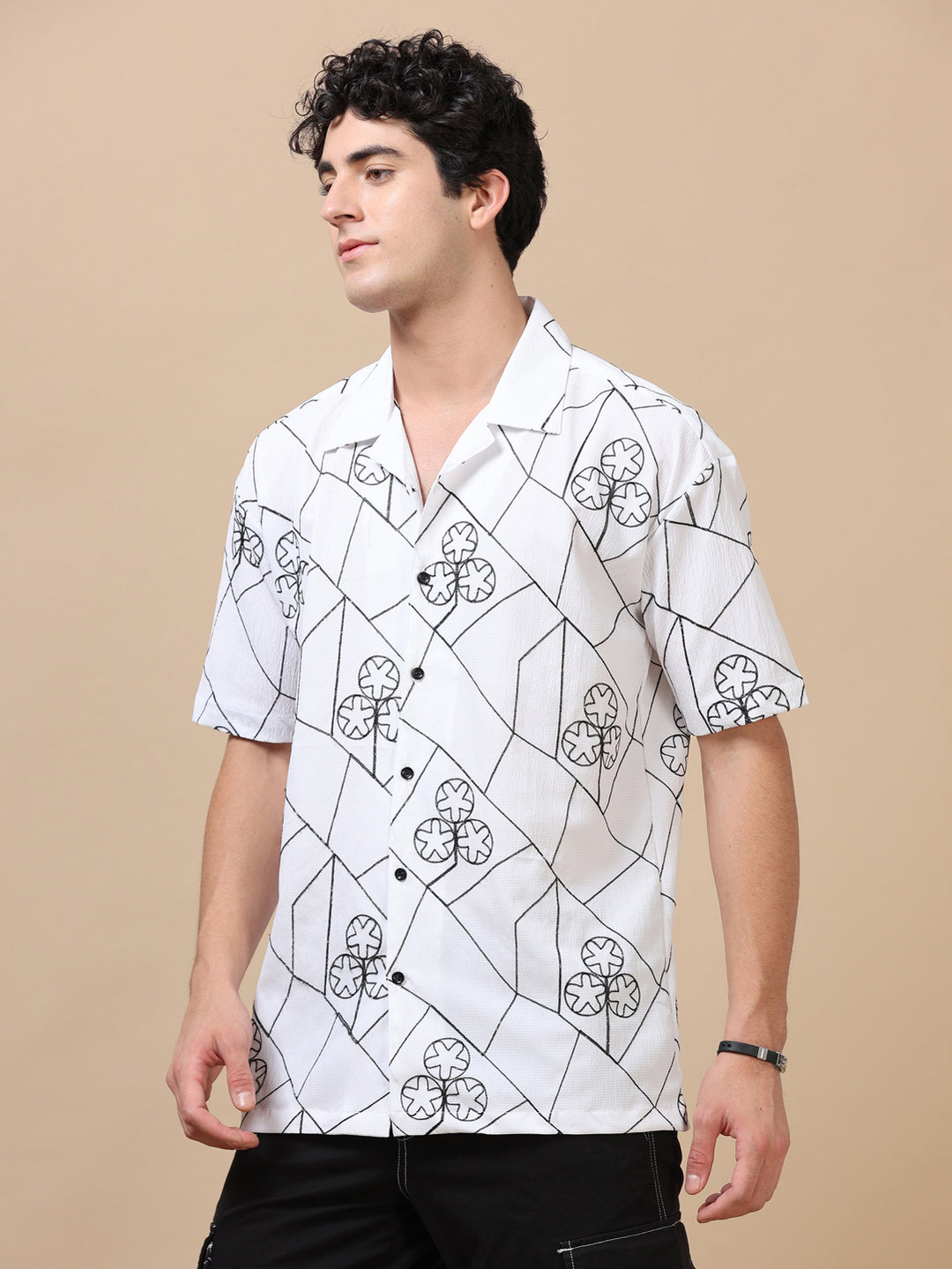 Circling Star White Embroidery Shirt Oversize Shirt Bushirt   
