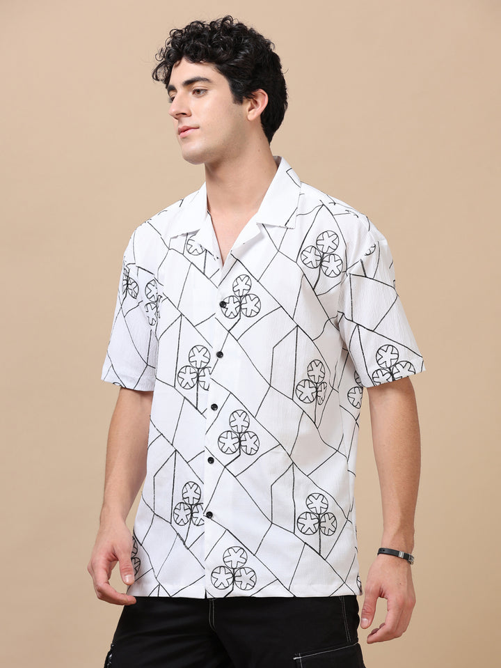 Circling Star White Embroidery Shirt Oversize Shirt Bushirt   