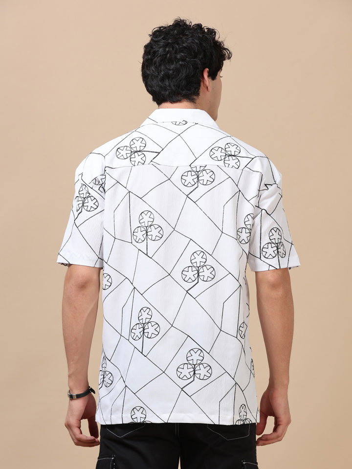 Circling Star White Embroidery Shirt Oversize Shirt Bushirt   