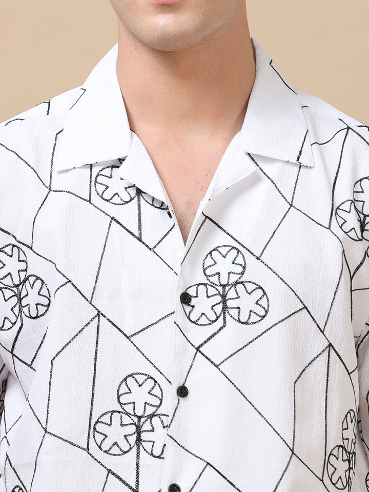 Circling Star White Embroidery Shirt Oversize Shirt Bushirt   