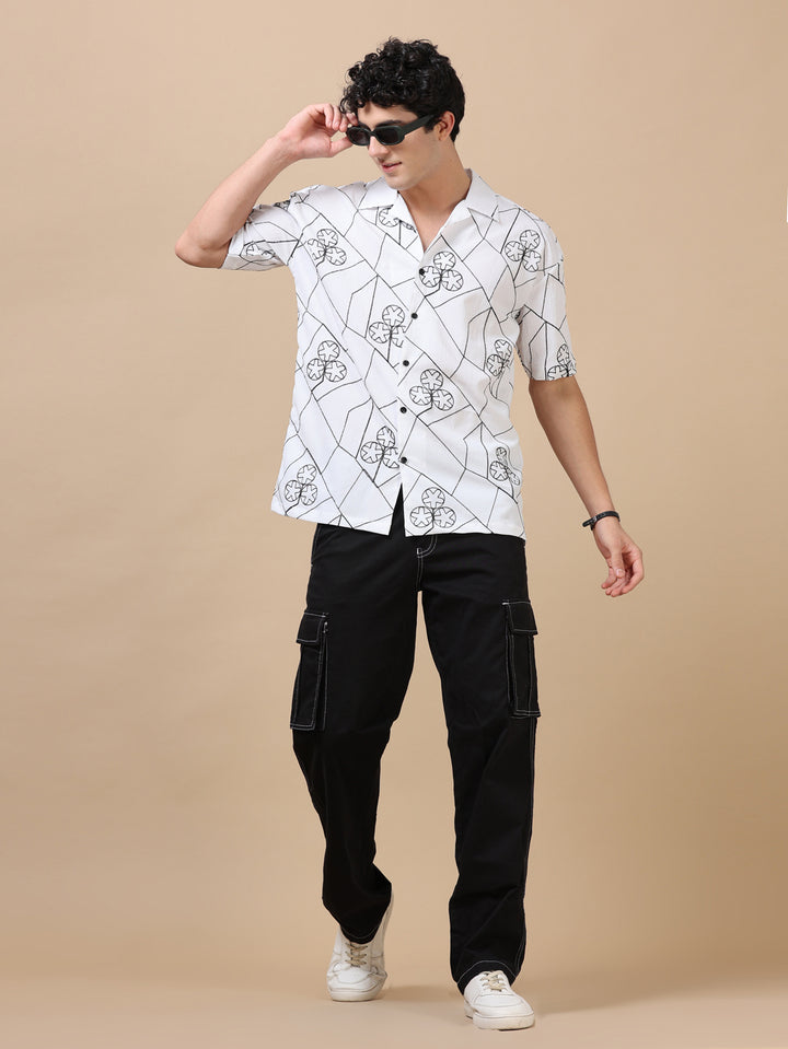 Circling Star White Embroidery Shirt Oversize Shirt Bushirt   