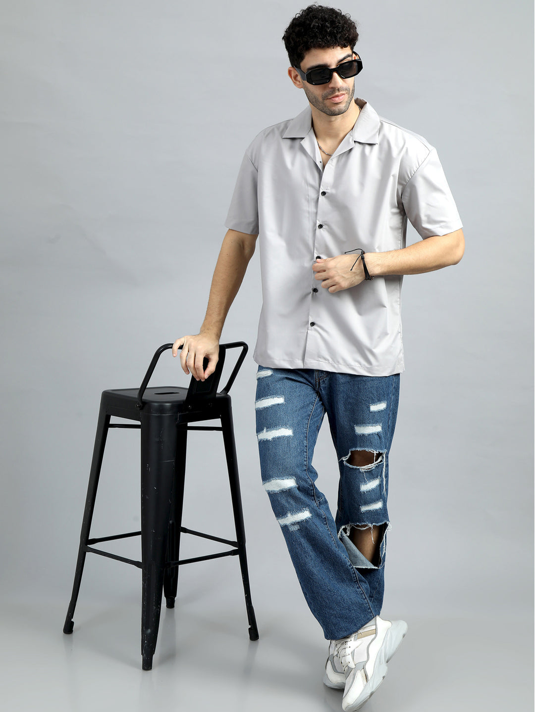 Grey Oversize Solid Shirt Oversize Shirt Bushirt   