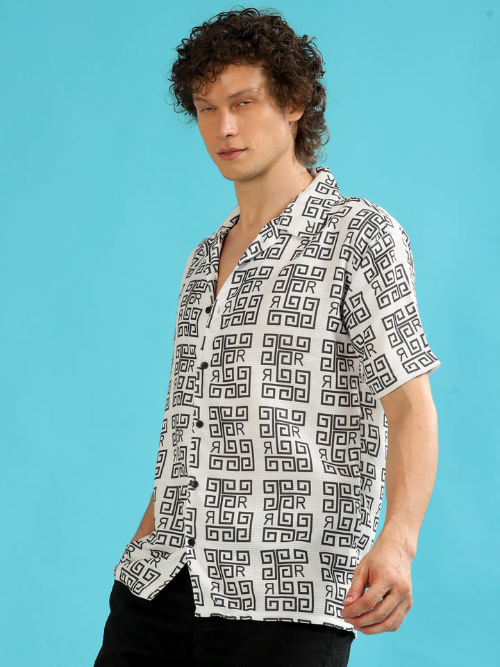 Abstract White Oversize Shirt Oversize Printed Shirt Bushirt   