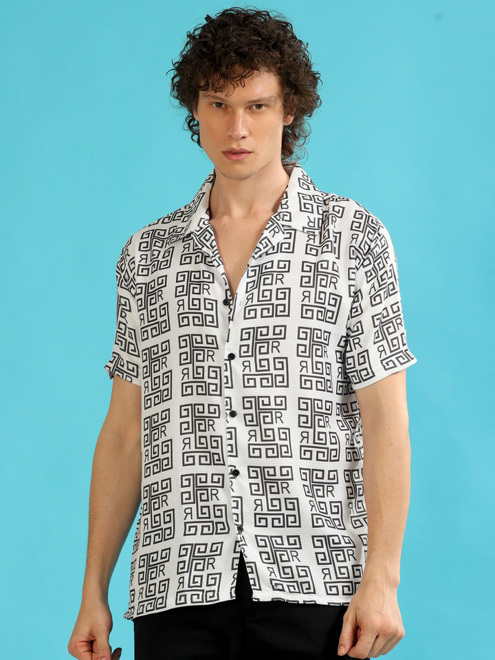 Abstract White Oversize Shirt Oversize Printed Shirt Bushirt   