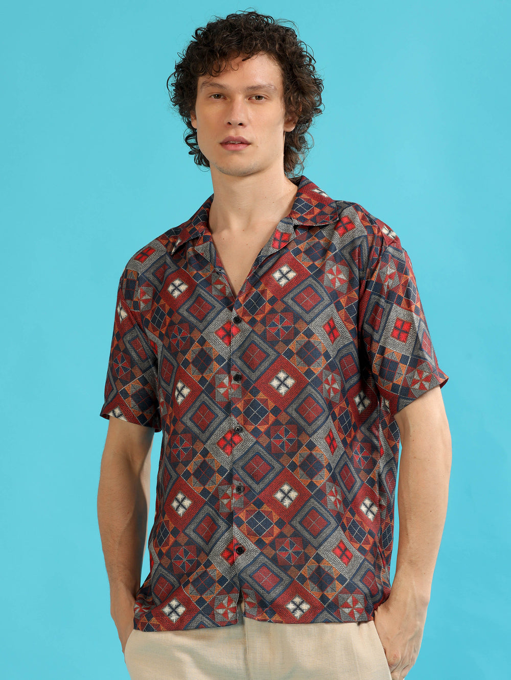 Diamond Modify Red Oversize Shirt Oversize Printed Shirt Bushirt   