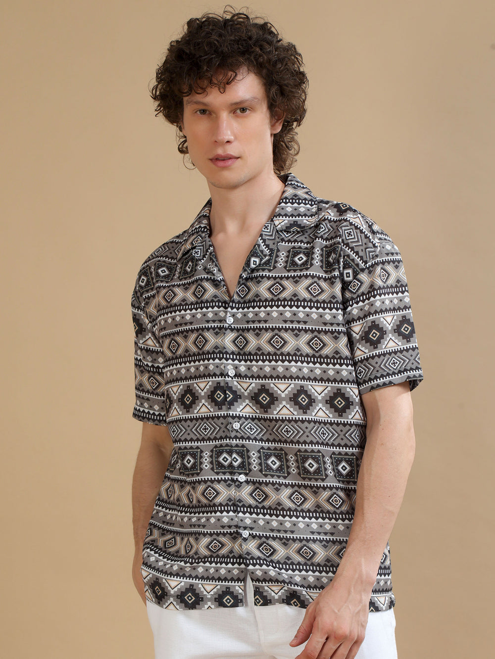 Geometric Olive Oversize Shirt Oversize Printed Shirt Bushirt   