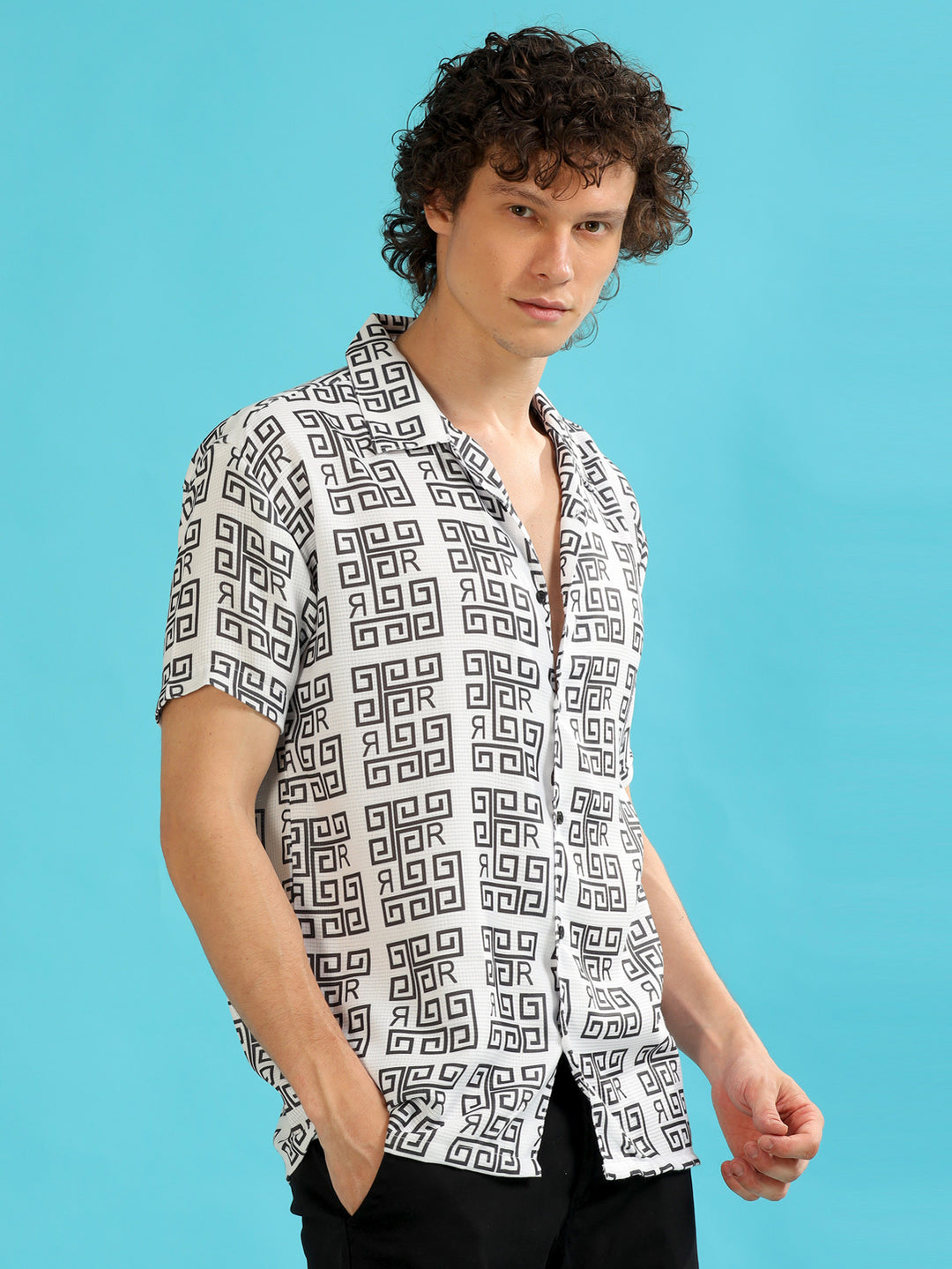 Abstract White Oversize Shirt Oversize Printed Shirt Bushirt   