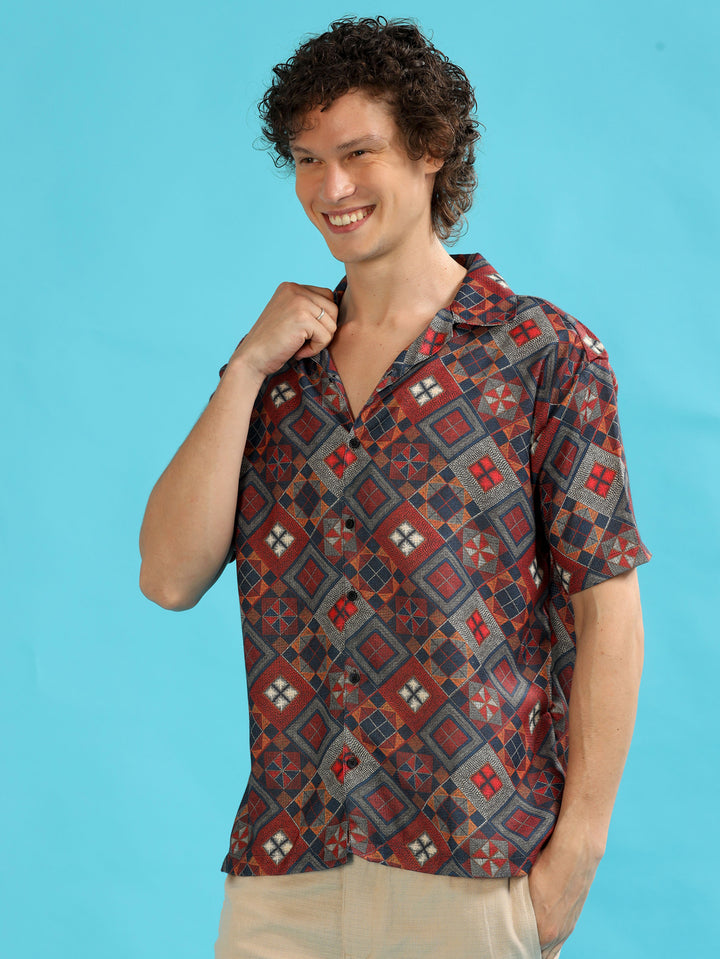 Diamond Modify Red Oversize Shirt Oversize Printed Shirt Bushirt   