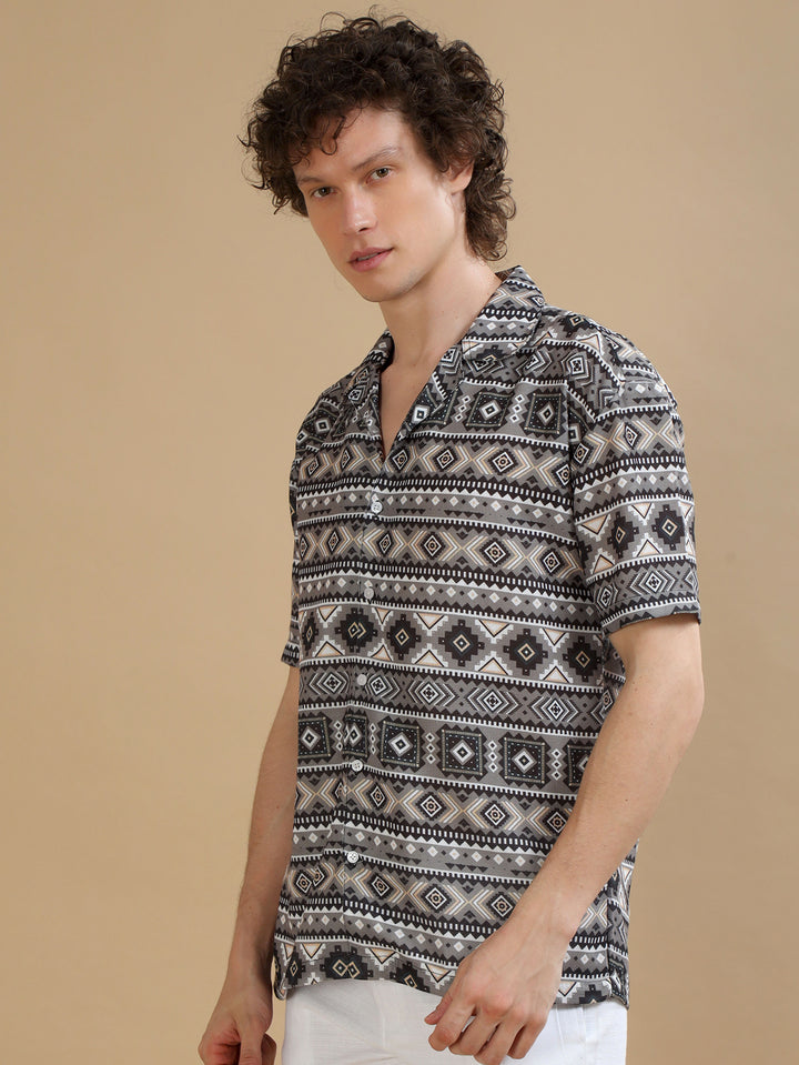 Geometric Olive Oversize Shirt Oversize Printed Shirt Bushirt   