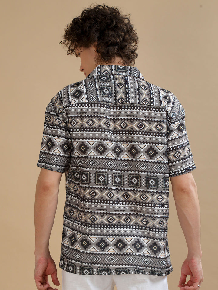 Geometric Olive Oversize Shirt Oversize Printed Shirt Bushirt   
