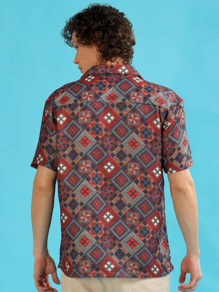 Diamond Modify Red Oversize Shirt Oversize Printed Shirt Bushirt   