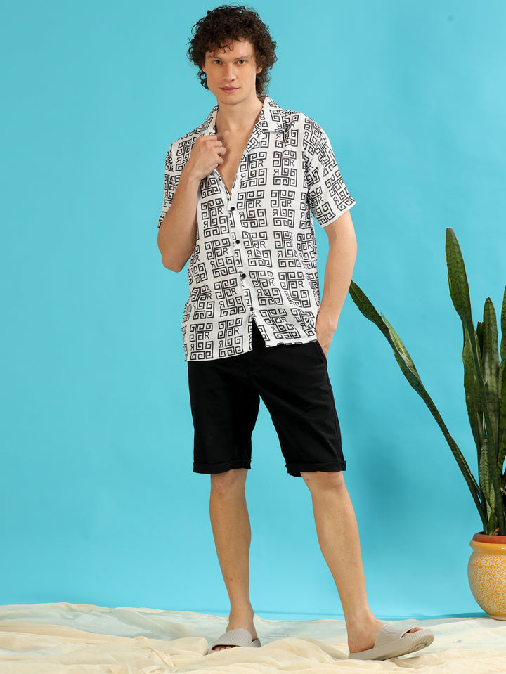 Abstract White Oversize Shirt Oversize Printed Shirt Bushirt   