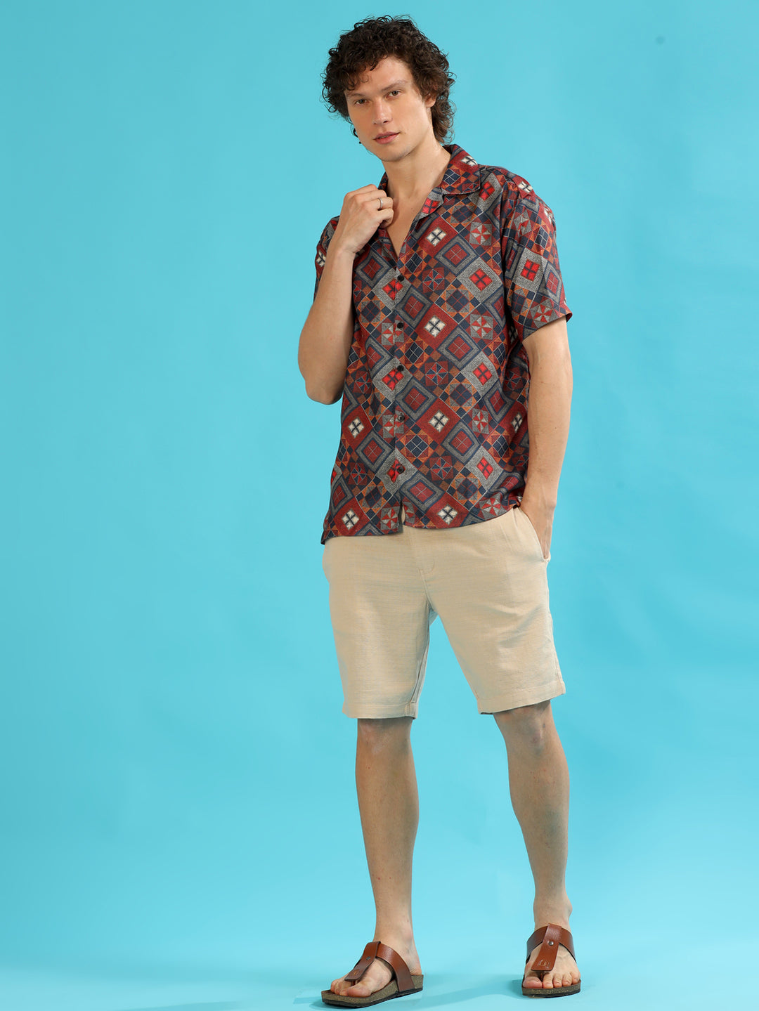 Diamond Modify Red Oversize Shirt Oversize Printed Shirt Bushirt   
