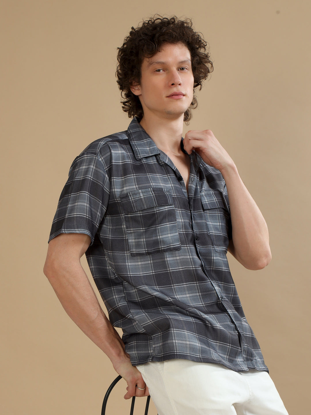 Tartan Square Slate Grey Checks Oversize Shirt Oversize Printed Shirt Bushirt   