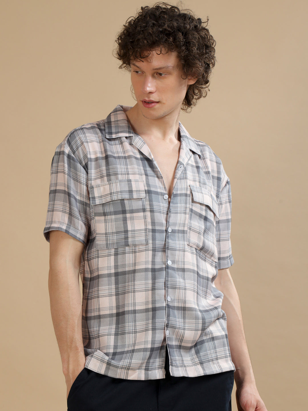 Tartan Square Cream Checks Oversize Shirt Oversize Printed Shirt Bushirt   