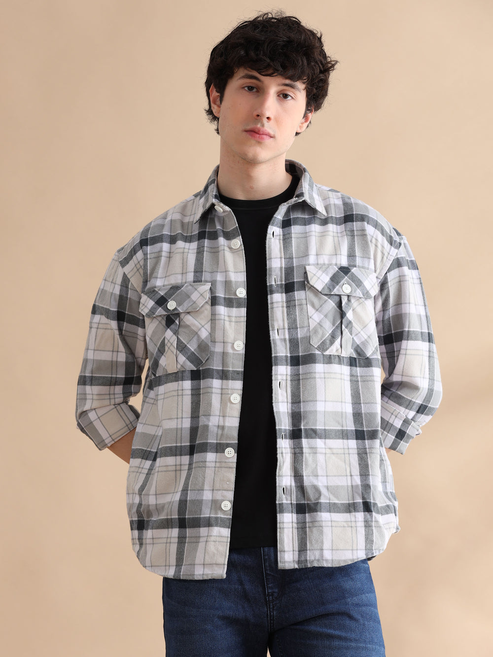 Matrix Ivory Checks Oversize Shackets Shackets Bushirt   