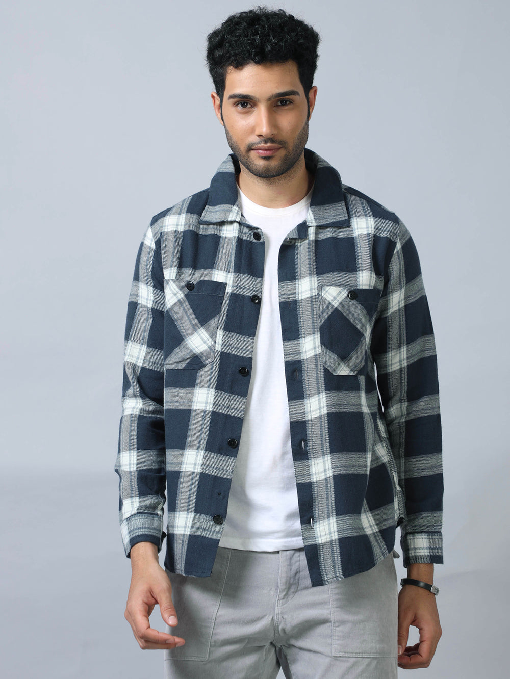 Navy Blue Checked Shacket Shackets Bushirt   