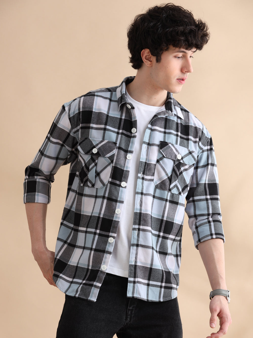 Grid Blue Checks Oversize Shackets Shackets Bushirt   