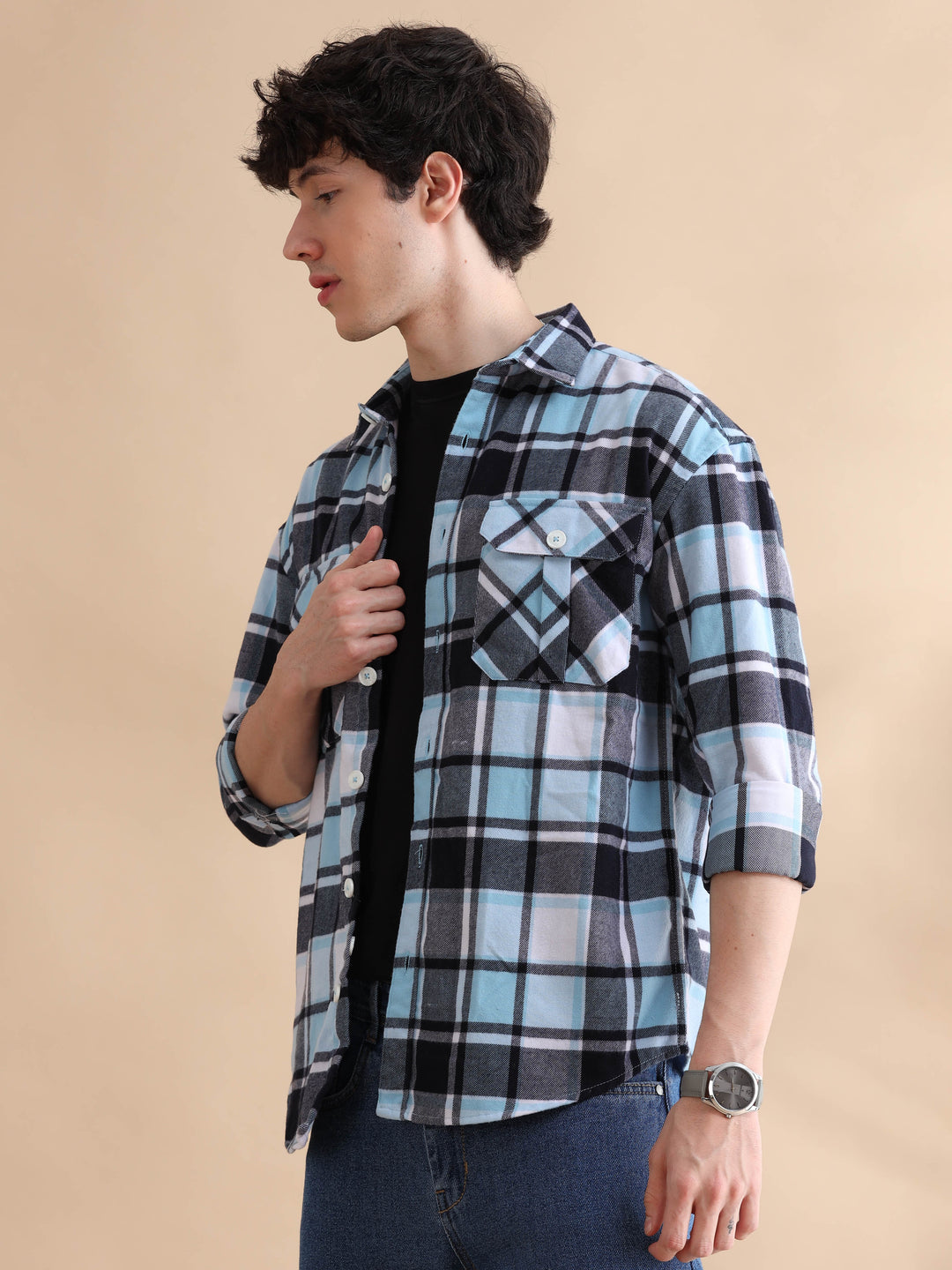 Grid Sky Blue Checks Oversize Shackets Shackets Bushirt   