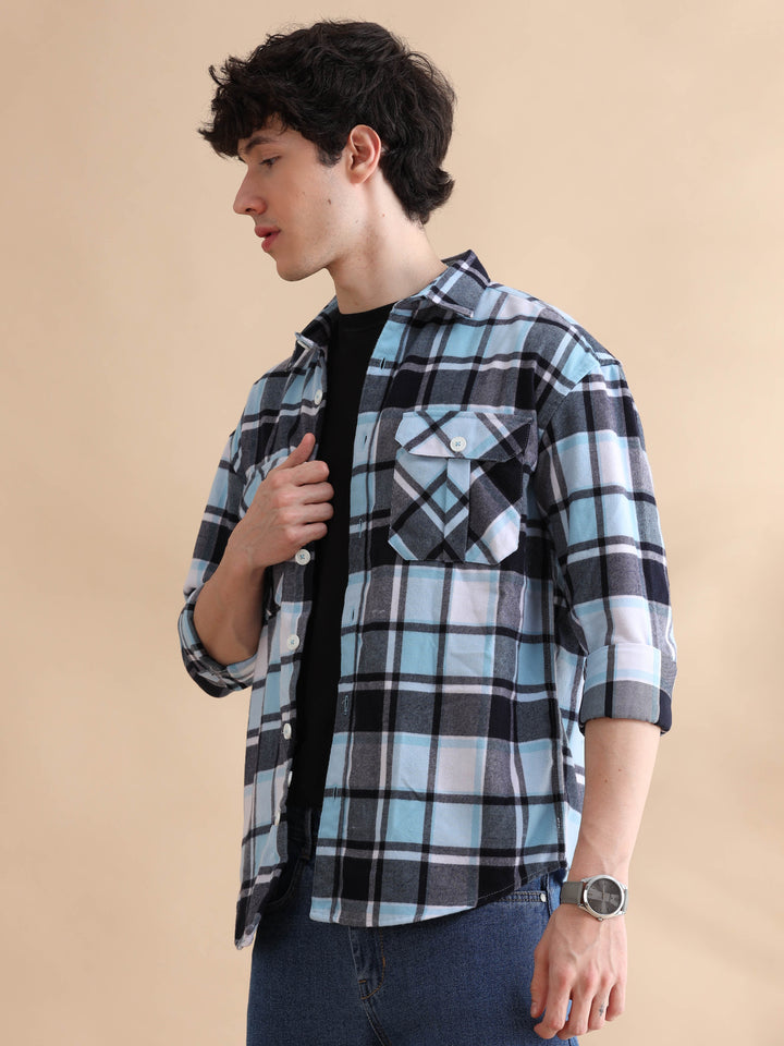 Grid Sky Blue Checks Oversize Shackets Shackets Bushirt   