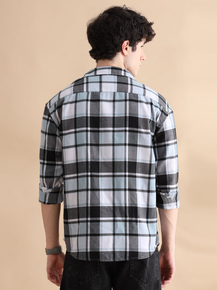 Grid Blue Checks Oversize Shackets Shackets Bushirt   