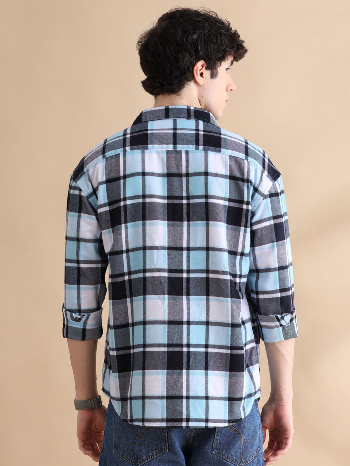 Grid Sky Blue Checks Oversize Shackets Shackets Bushirt   