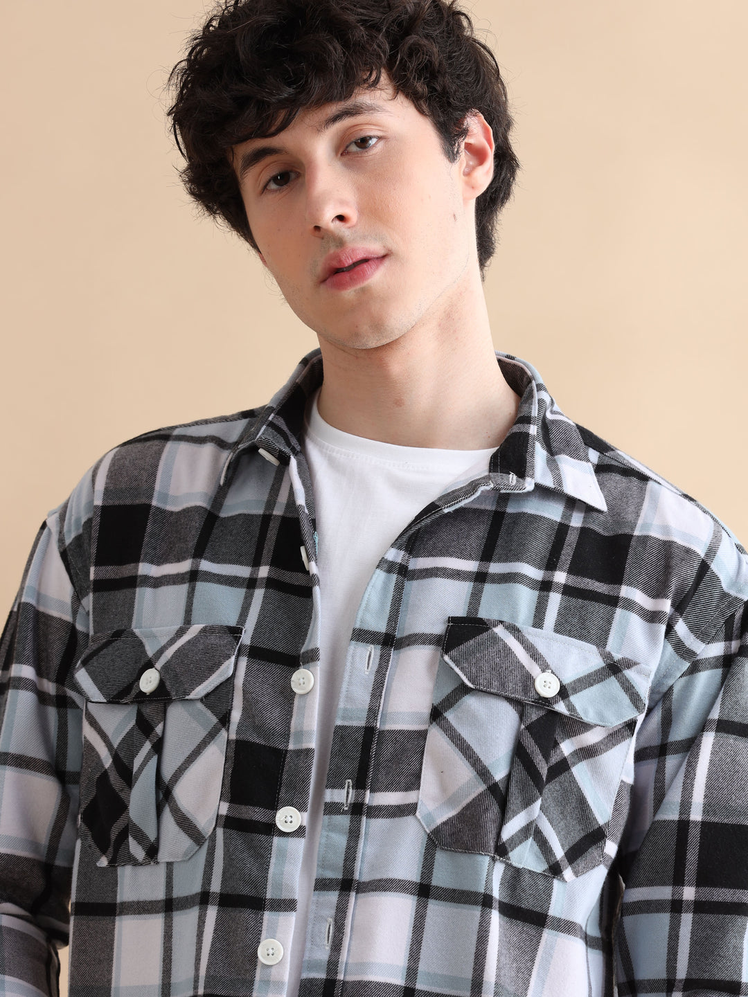 Grid Blue Checks Oversize Shackets Shackets Bushirt   