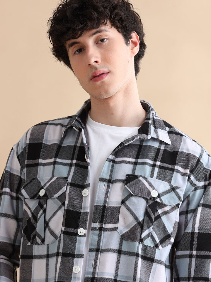 Grid Blue Checks Oversize Shackets Shackets Bushirt   