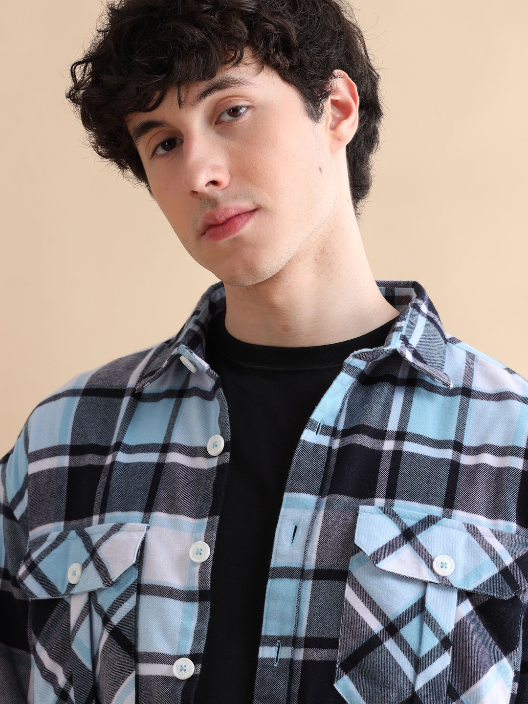 Grid Sky Blue Checks Oversize Shackets Shackets Bushirt   