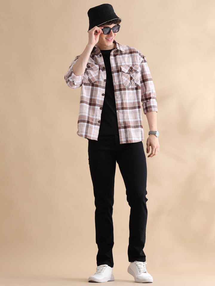 Matrix Tan Checks Oversize Shackets Shackets Bushirt   