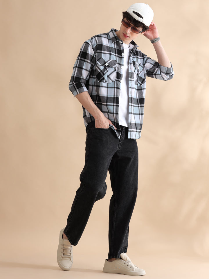 Grid Blue Checks Oversize Shackets Shackets Bushirt   