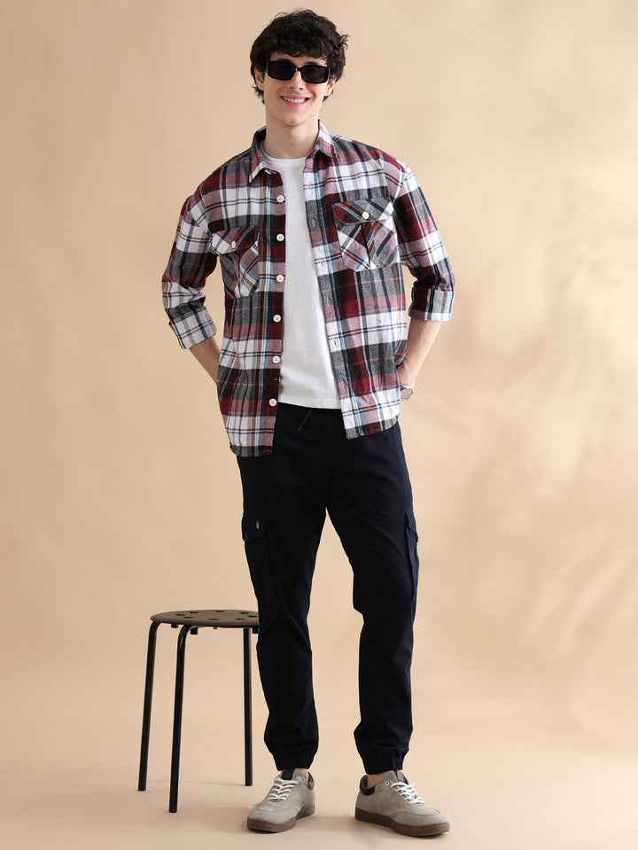 Plaid Maroon Checks Oversize Shackets Shackets Bushirt   