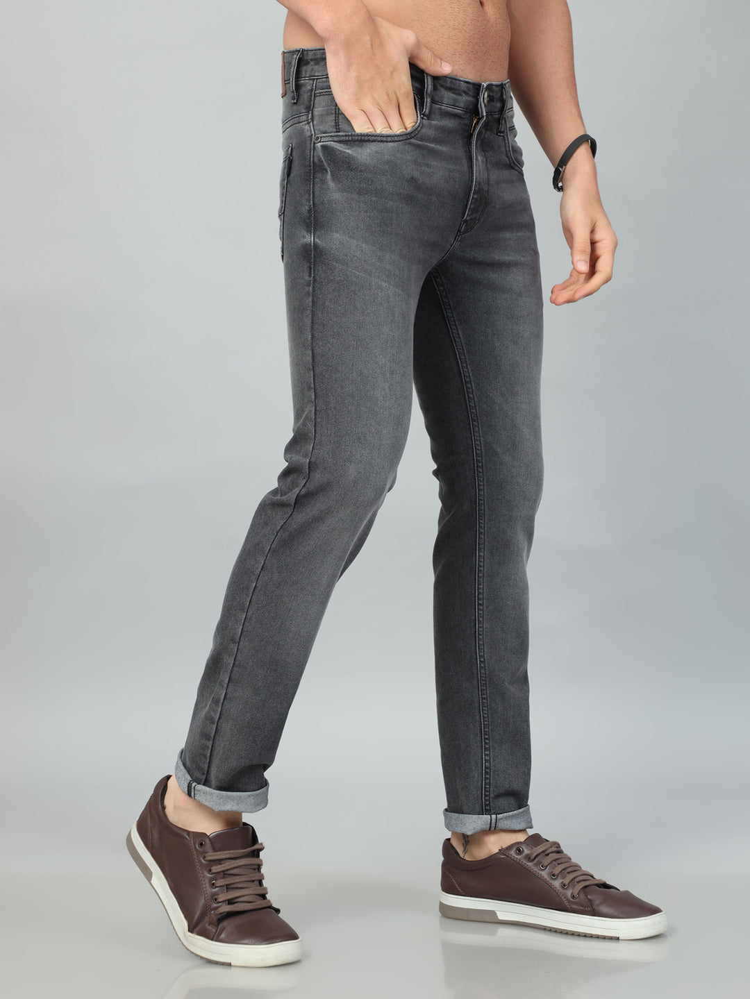 Dark Grey Solid Slim Fit Jeans Jeans Bushirt   