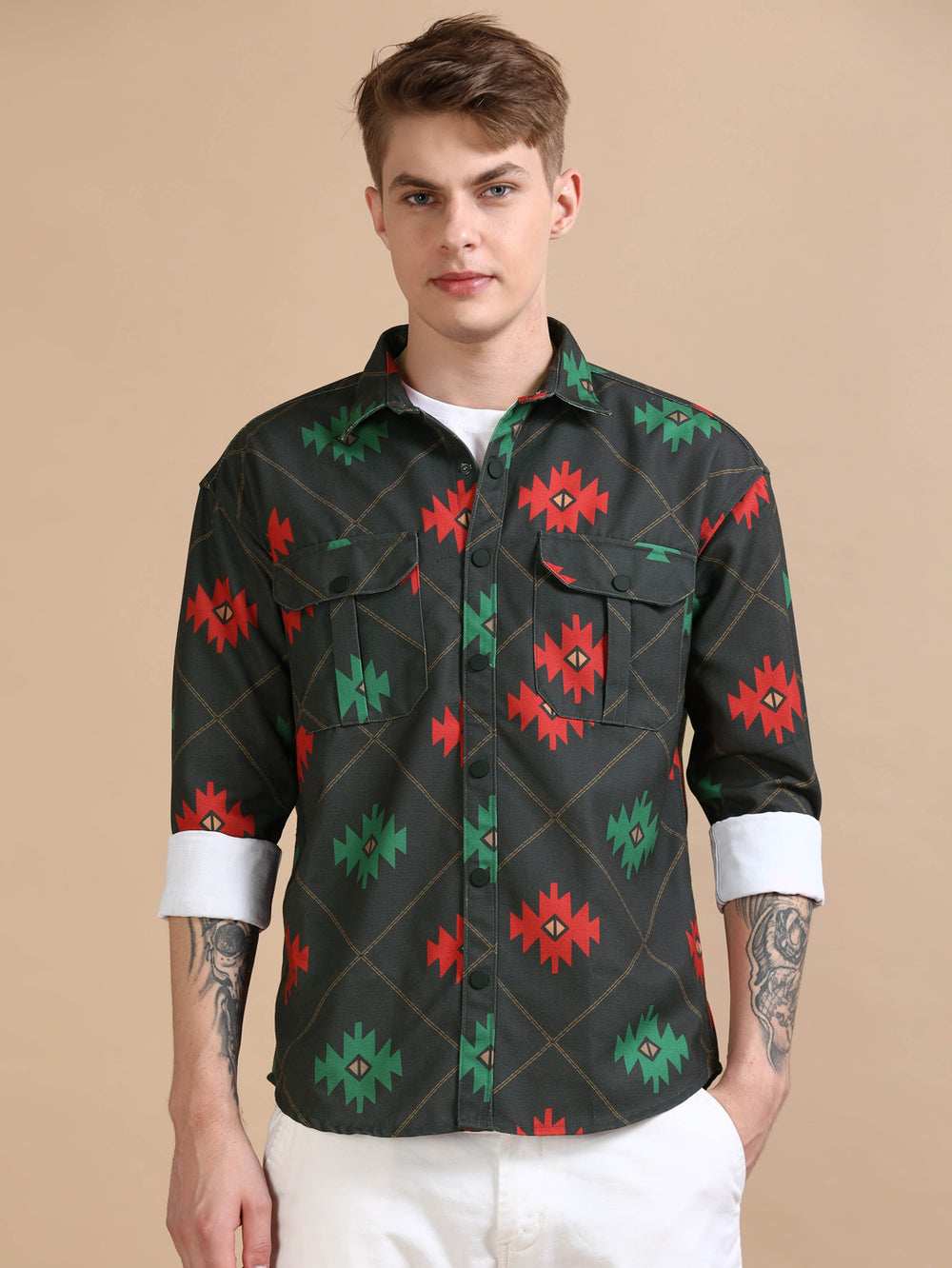 Green Oversized Printed Shackets Shackets Bushirt   