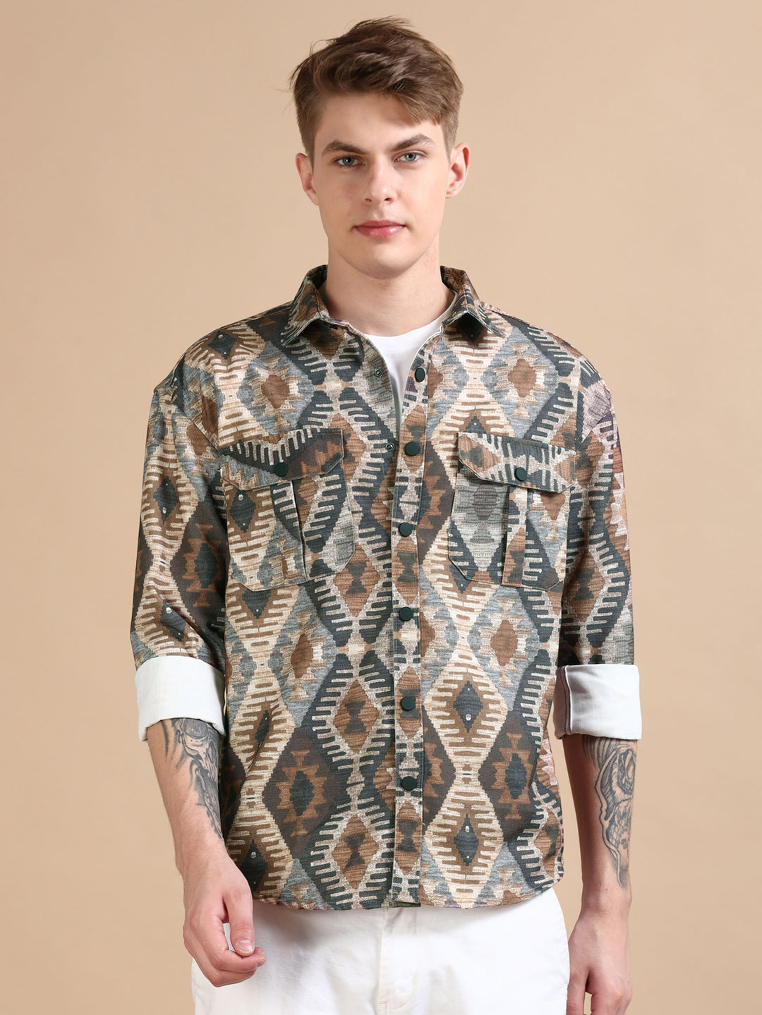 Ash Brown Oversized Printed Shackets Shackets Bushirt   