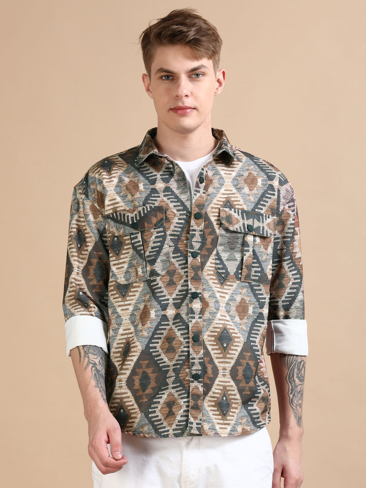 Ash Brown Oversized Printed Shackets Shackets Bushirt   