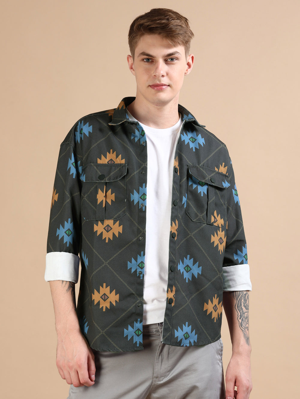 Blue Oversized Printed Shackets Shackets Bushirt   