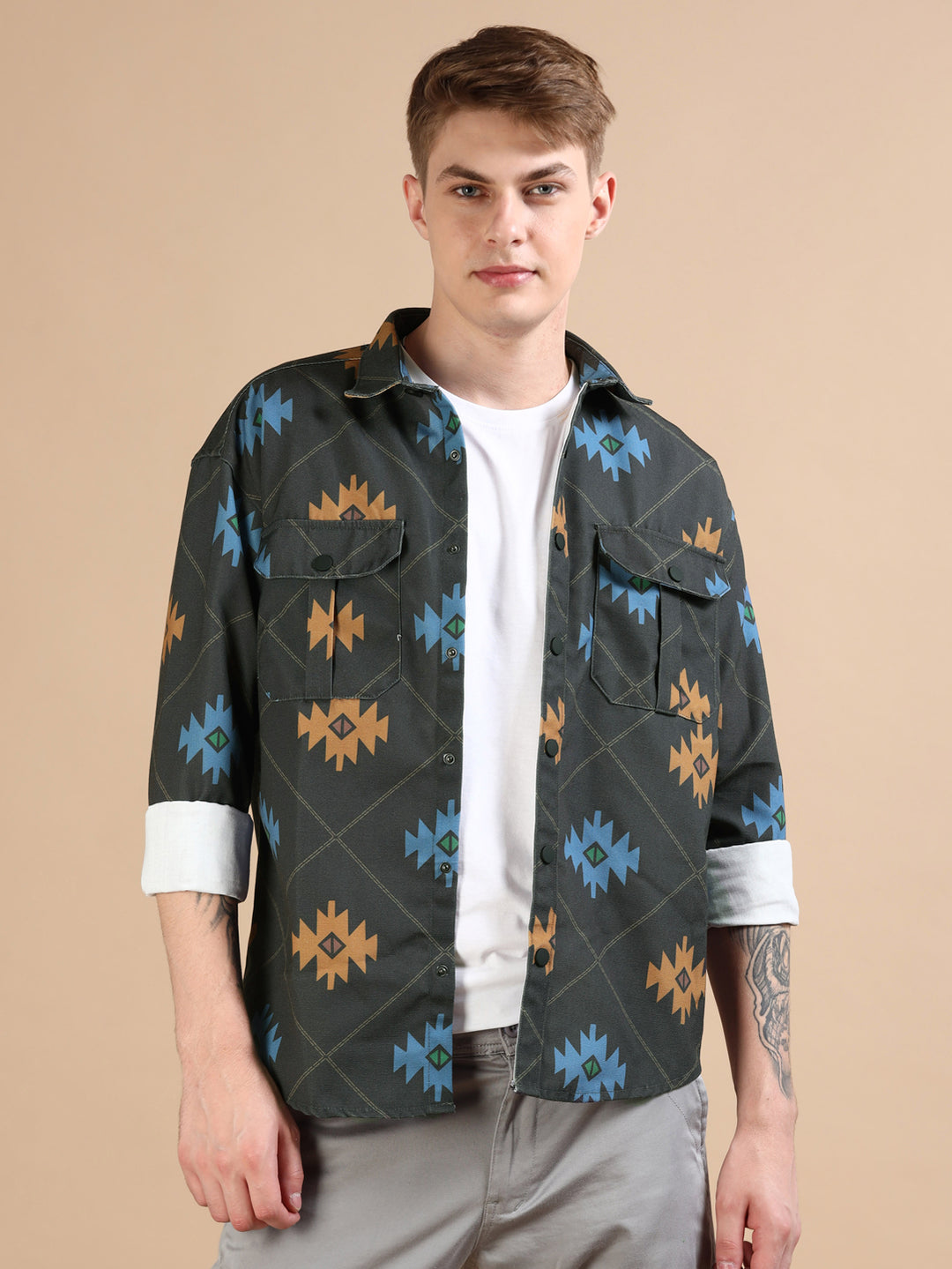 Blue Oversized Printed Shackets Shackets Bushirt   