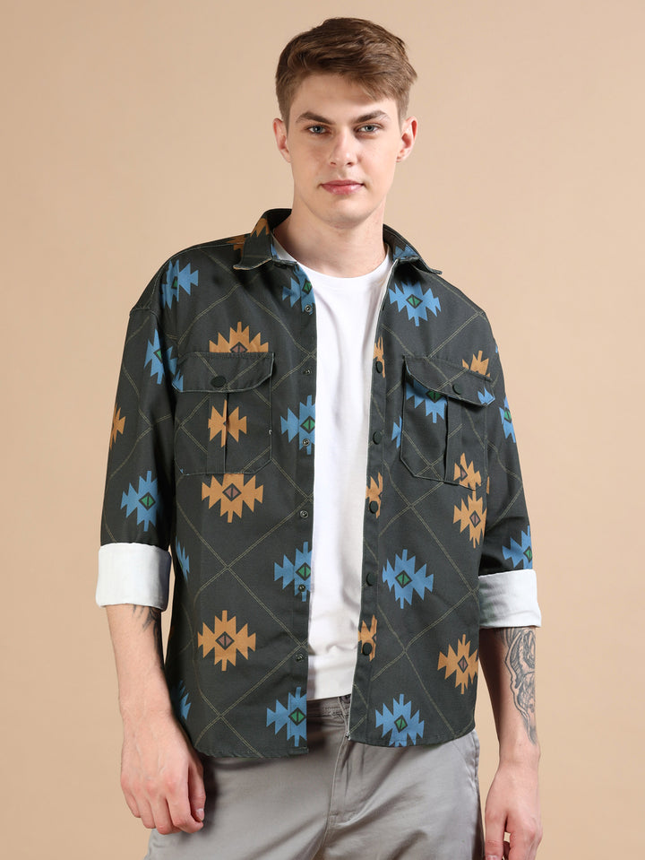 Blue Oversized Printed Shackets Shackets Bushirt   