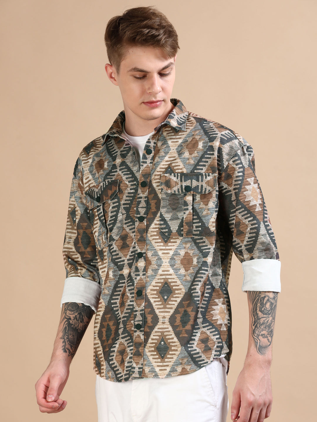 Ash Brown Oversized Printed Shackets Shackets Bushirt   