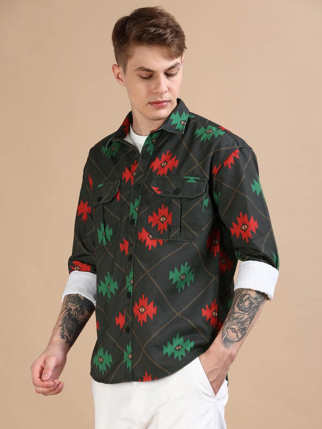 Green Oversized Printed Shackets Shackets Bushirt   