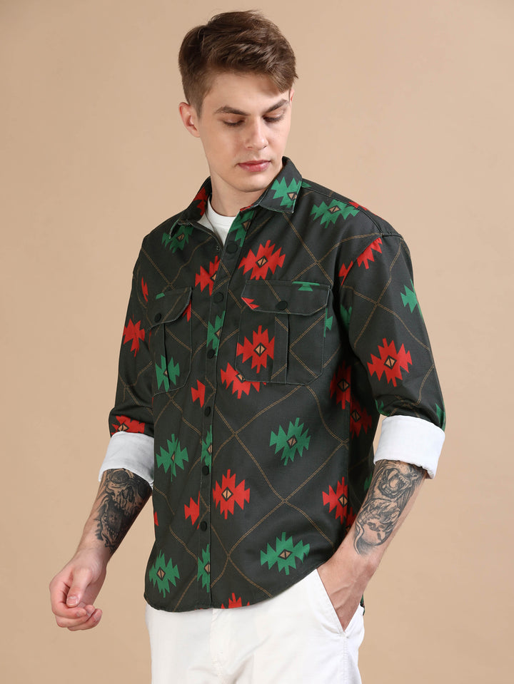 Green Oversized Printed Shackets Shackets Bushirt   