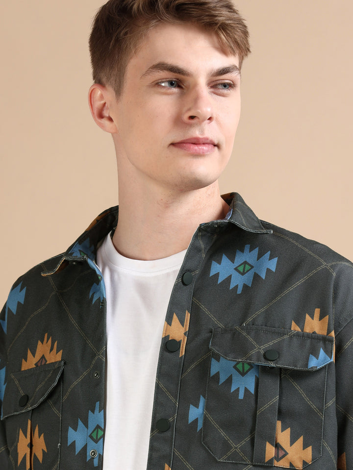 Blue Oversized Printed Shackets Shackets Bushirt   