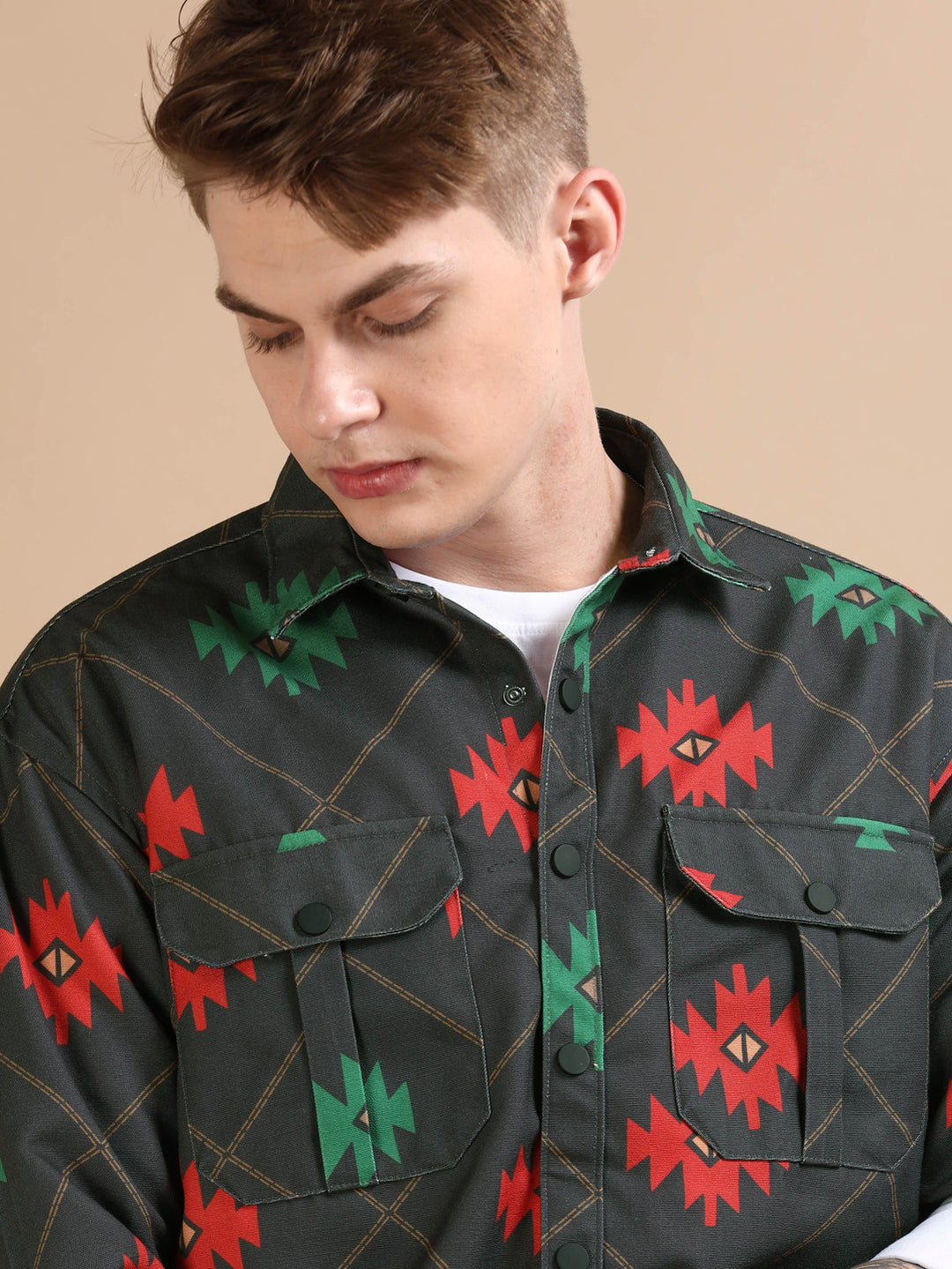 Green Oversized Printed Shackets Shackets Bushirt   