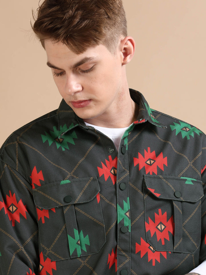 Green Oversized Printed Shackets Shackets Bushirt   