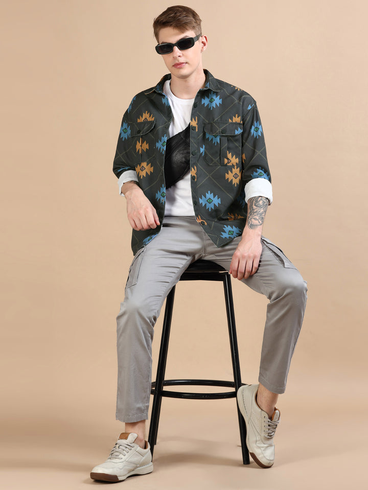 Blue Oversized Printed Shackets Shackets Bushirt   
