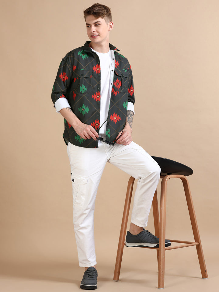 Green Oversized Printed Shackets Shackets Bushirt   